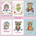 Set of 6 lovely postcards with cute owls. Royalty Free Stock Photo
