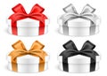 Set of low height white gift boxes wrapped with colorful ribbons, vector illustration Royalty Free Stock Photo