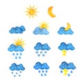 Set of low poly icons of weather, sunny weather, cloudy, rain, snow and lightning on a white background. 3d render