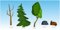 Set of low-poly Nature, trees, snowy trees, rocks, grass, vector. illustration