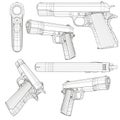 Set with a low poly pistol Colt 1911. Wireframe of a pistol in different positions isolated on a white background. 3D Royalty Free Stock Photo