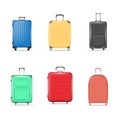 Set of luggage suitcase travel bags. Journey baggage on wheels with handles, realistic tourist bag