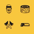 Set Lumberjack, Hacksaw, Wooden axe and logs icon with long shadow. Vector