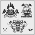 Set of Lumberjack labels, badges and design elements. Joinery and hand made emblems. Print design for t-shirt.