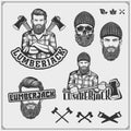 Set of Lumberjack labels, badges and design elements. Joinery and hand made emblems. Print design for t-shirt.