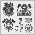 Set of Lumberjack labels, badges and design elements. Joinery and hand made emblems. Print design for t-shirt.