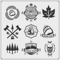 Set of Lumberjack labels, badges and design elements. Joinery and hand made emblems. Print design for t-shirt.