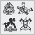 Set of Lumberjack labels, emblems, badges and design elements. Vintage style.