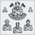 Set of Lumberjack labels, emblems, badges and design elements. Vintage style.