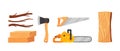 Set of Lumberjack Tools, Tree Branches, Wooden Planks and Log, Timbers and Woodcutter Instruments Chainsaw, Saw, Axe