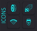 Set Lumberjack, Tree rings, Wooden beam and icon. Black square button. Vector