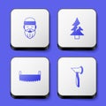 Set Lumberjack, Tree, Two-handed saw and Wooden axe icon. White square button. Vector