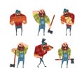 Set of lumberjacks holding axes. Loggers or woodcutters male characters in plaid shirts cartoon vector illustration