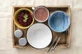 Set lunch in bowls in a wooden serving box. Food and catering concept. Royalty Free Stock Photo