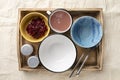 Set lunch in bowls in a wooden serving box. Food and catering concept. Royalty Free Stock Photo