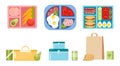 Set of Lunch Boxes, Lunchbox Collection with Dinner, Fast Food, Healthy Fruits or Vegetables Boxed in Containers or Bags Royalty Free Stock Photo