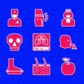 Set Lungs x-ray, Hair covering skin, Apple, Vomiting man, Flat foot, Skull, Nurse and Male doctor icon. Vector Royalty Free Stock Photo