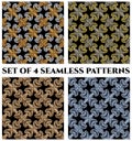 Set of 4 luxurious seamless patterns with golden, silver, bronze and blue metallic fractal ornament on black backgrounds Royalty Free Stock Photo