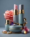 Set of luxury cosmetics bottles and cans over neutral background