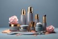 Set of luxury cosmetics bottles and cans over neutral background