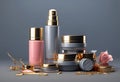 Set of luxury cosmetics bottles and cans over neutral background