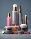 Set of luxury cosmetics bottles and cans over neutral background