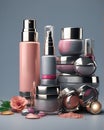 Set of luxury cosmetics bottles and cans over neutral background