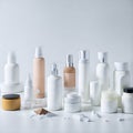 Set of luxury cosmetics bottles and cans over white background