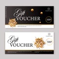 Set of luxury gift vouchers with ribbons and gift box. Elegant template for a festive gift card, coupon and certificate. Discount Royalty Free Stock Photo