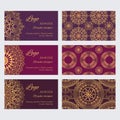 Set of luxury golden ornaments and patterns on brown and red backgrounds Royalty Free Stock Photo