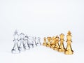 Set of luxury golden and silver chess pieces isolated on white background.