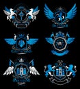 Set of luxury heraldic vector templates. Collection of vector symbolic blazons made using graphic elements, royal