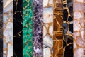 Set of luxury precious stones with gold leafs for exclusive artwork Petrified wood, Smoky Quartz, Agate, Tigers Eye Royalty Free Stock Photo