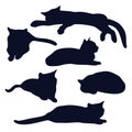 Set of lying black cats silhouettes in various poses.