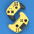Set of lying gamer joysticks or gamepads on blue background