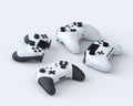 Set of lying gamer joysticks or gamepads on white background