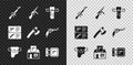 Set M16A1 rifle, Tommy gun, Knife holster, Gun in, Hunting shop weapon, Weapon catalog and Wooden axe icon. Vector