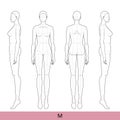 Set of M Size Women Fashion template 9 nine head Croquis with main lines Lady model skinny body figure front, 3-4, back