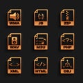 Set M3U file document, HTML, OBJ, PHP, XML and WAV icon. Vector Royalty Free Stock Photo