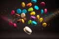 Set of macaroons on black background with white sugar grains in frozen flight. French pastries, sweets, confectionery, supermarket