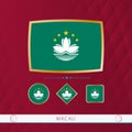 Set of Macau flags with gold frame for use at sporting events on a burgundy abstract background Royalty Free Stock Photo