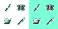 Set Machete, Hunting gun, Snail and Butterfly icon. Vector