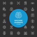 Vector art of collection of machine learning icons on a dark background, featuring various concepts related to artificial Royalty Free Stock Photo