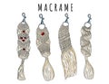 Set of macrame boho style keychains. Collection of textile knotting design charms. Linear modern indigenous macrame elements