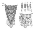 Set of macrame boho style wall hangers and keychains doodle sketches. Collection of textile knotting design elements. Simple Royalty Free Stock Photo