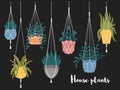 Set of macrame hanging plants in pots. Hangers with potted indoor garden flowers. Handmade home decorations. Hand drawn cartoon, Royalty Free Stock Photo