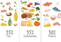 Set of macronutrients. Carbohydrates, proteins, fats presented by food products. Vector illustration of nutrition Royalty Free Stock Photo