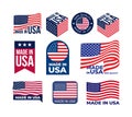 Set of Made in USA logo and label. US icon with flags of the United States of America for packaging products. Vector illustration Royalty Free Stock Photo