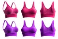 2 Set of magenta purple pink, front back side view, sports exercise bra tank crop top on transparent cutout, PNG