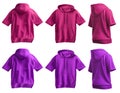 2 Set of magenta purple pink, front back side view tee short sleeve hoodie hoody sweatshirt on transparent cutout, PNG